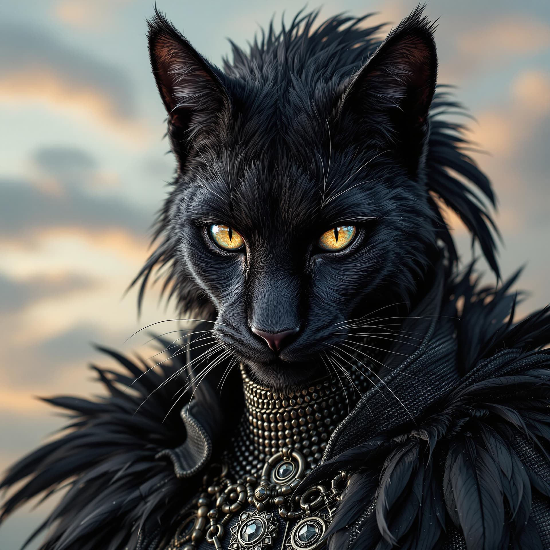 AI generated: ultra realistic photo, fantasy character portrait, female black feather anamorphic cougar face!, hyp...