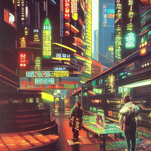 AI generated: cyberpunk cyberware market, Night City, cyberpunk 2077, very very coherent painting, 1979 OMNI Magaz...