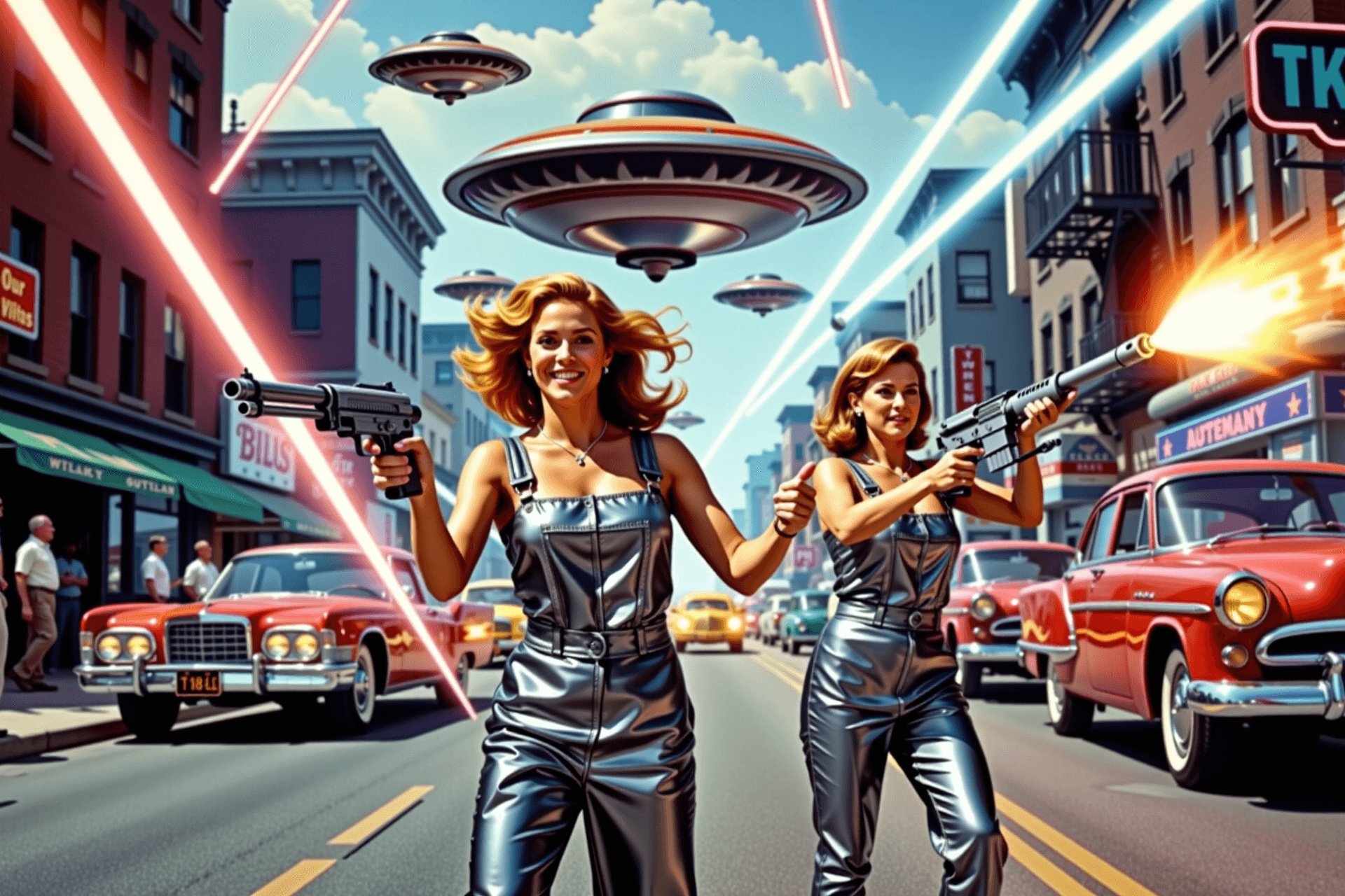 AI generated: A street scene where women in chrome-glossy overalls and with rayguns defend the city against flying...