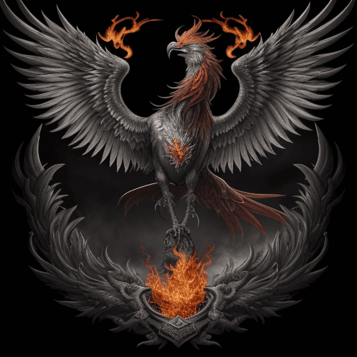 AI generated: proud realistic phoenix, with head held high on the side, reborn from flames and ashes,style draw da...