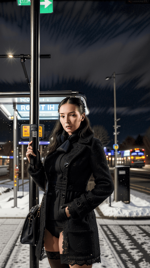 AI generated: A highly attractive woman who is waiting the bus on the bus stop . She is wearing lace underwear and...