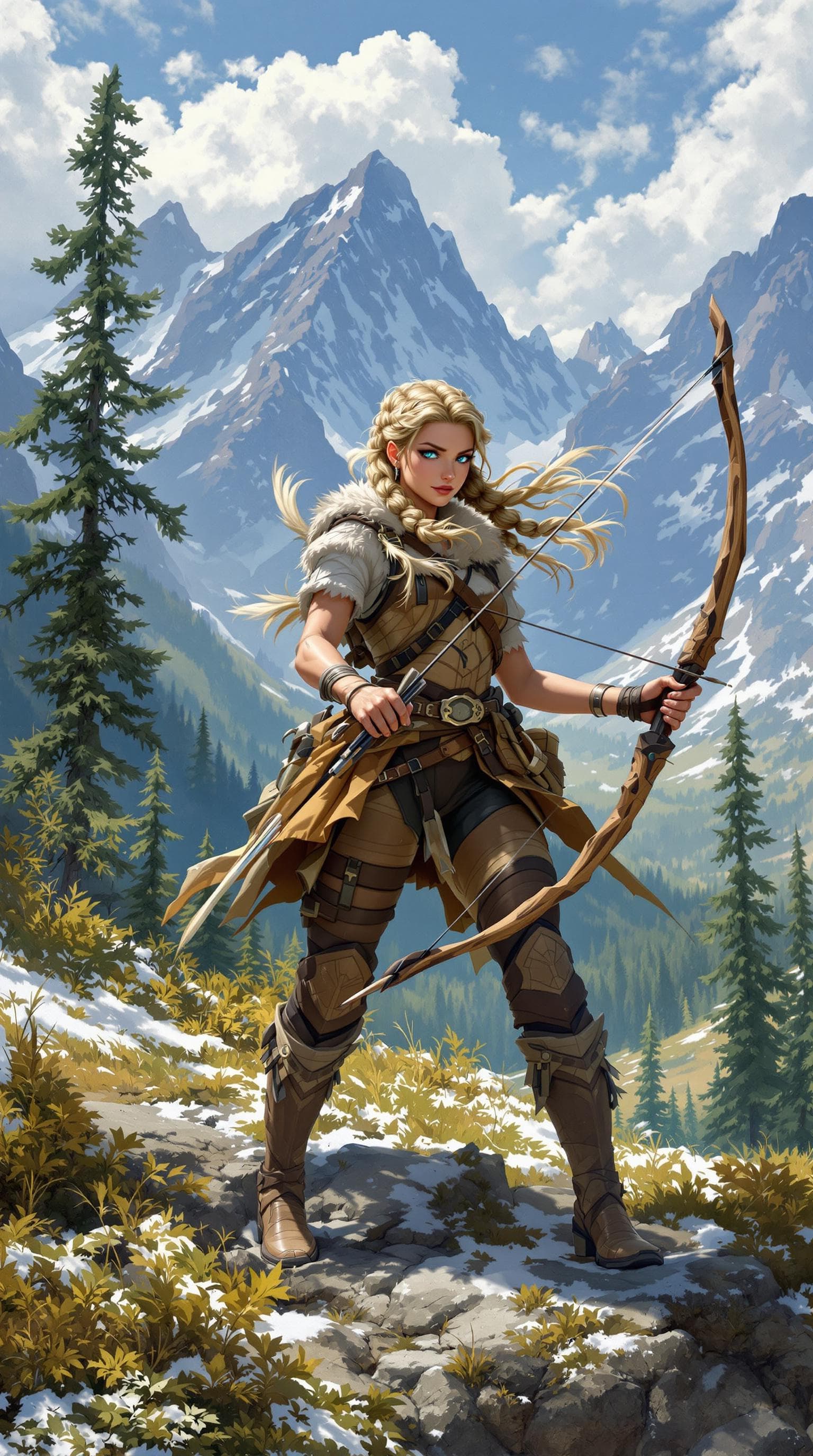 AI generated: A pretty, resilient huntress with an athletic form, her eyes reflecting the shifting colors of the s...