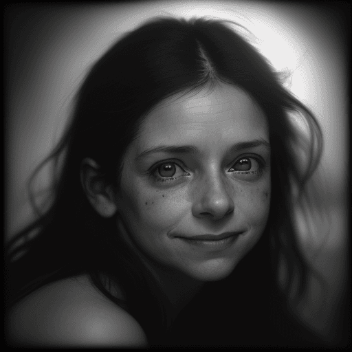 AI generated: colors, A soul-stirring close-up portrait of a woman, grins, her grace enhanced by the soft gradient...