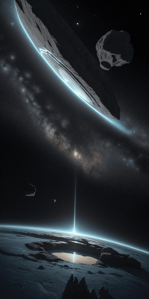 AI generated: illustration, sci-fi concept,Asteroids belt naturally form the number 11, wide view, overlooking the...