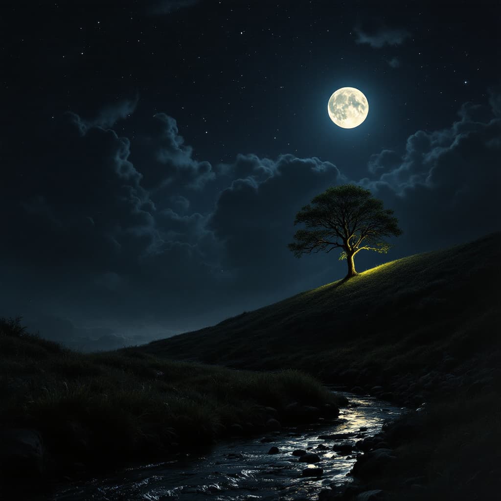 AI generated: A dark night with faint stars showing between many clouds, a full moon illuminating a single tree on...