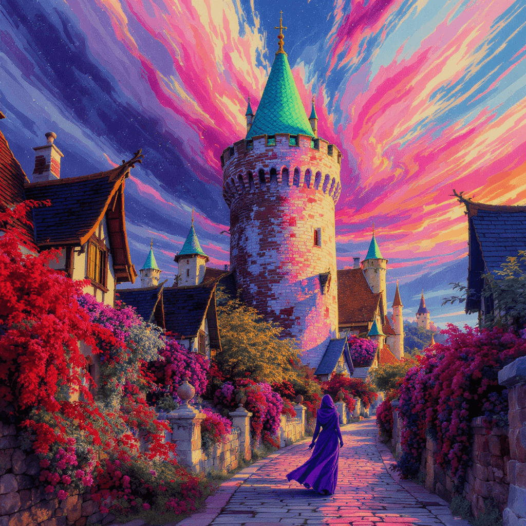 AI generated: Uma vila encantadora e mágica em estilo de pintura aquarela, com uma torre medieval de pedra coberta...