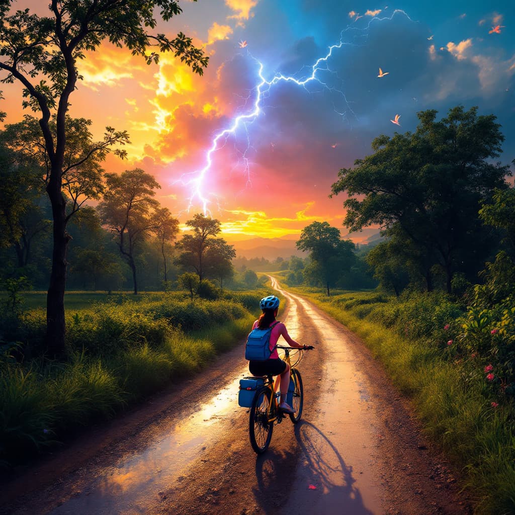 AI generated:  Creates a stunning real photography of a nature landscape with the sky at sunset in which there are...