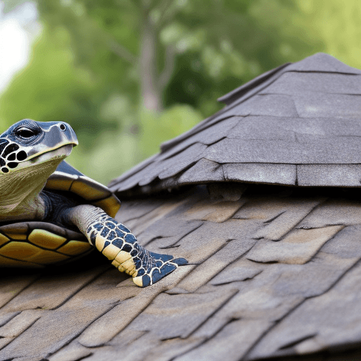 AI generated: turtle walking over a house, smiling