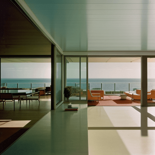 AI generated: Hyper realistic eye level exterior photo of a mid century modern style house overlooking the ocean, ...
