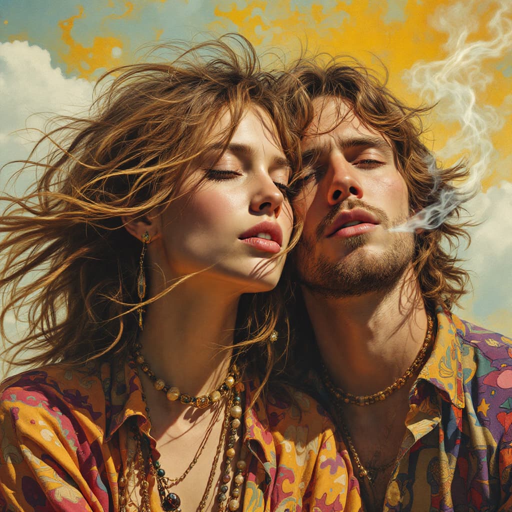AI generated: A hippy girl and her hippy boyfriend from the 60's. Highly detailed. High as a kite. Their hair blow...