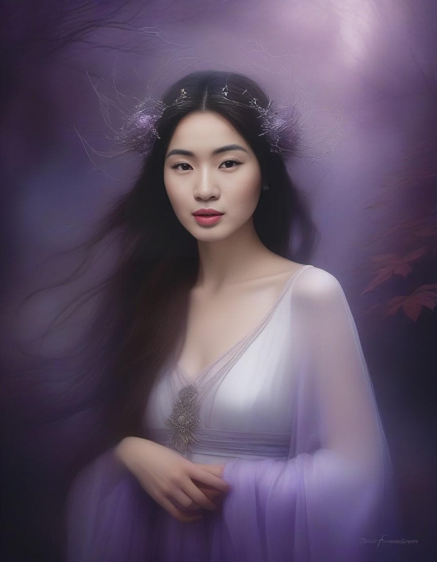 AI generated: Masterpiece, Stunning, Best quality, An ethereal fantasy portrait of a pale witch with flowing white...