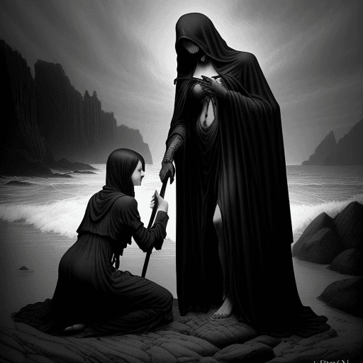 AI generated: black and white illustration of the grim reaper standing over a terrified woman on her knees in a ro...