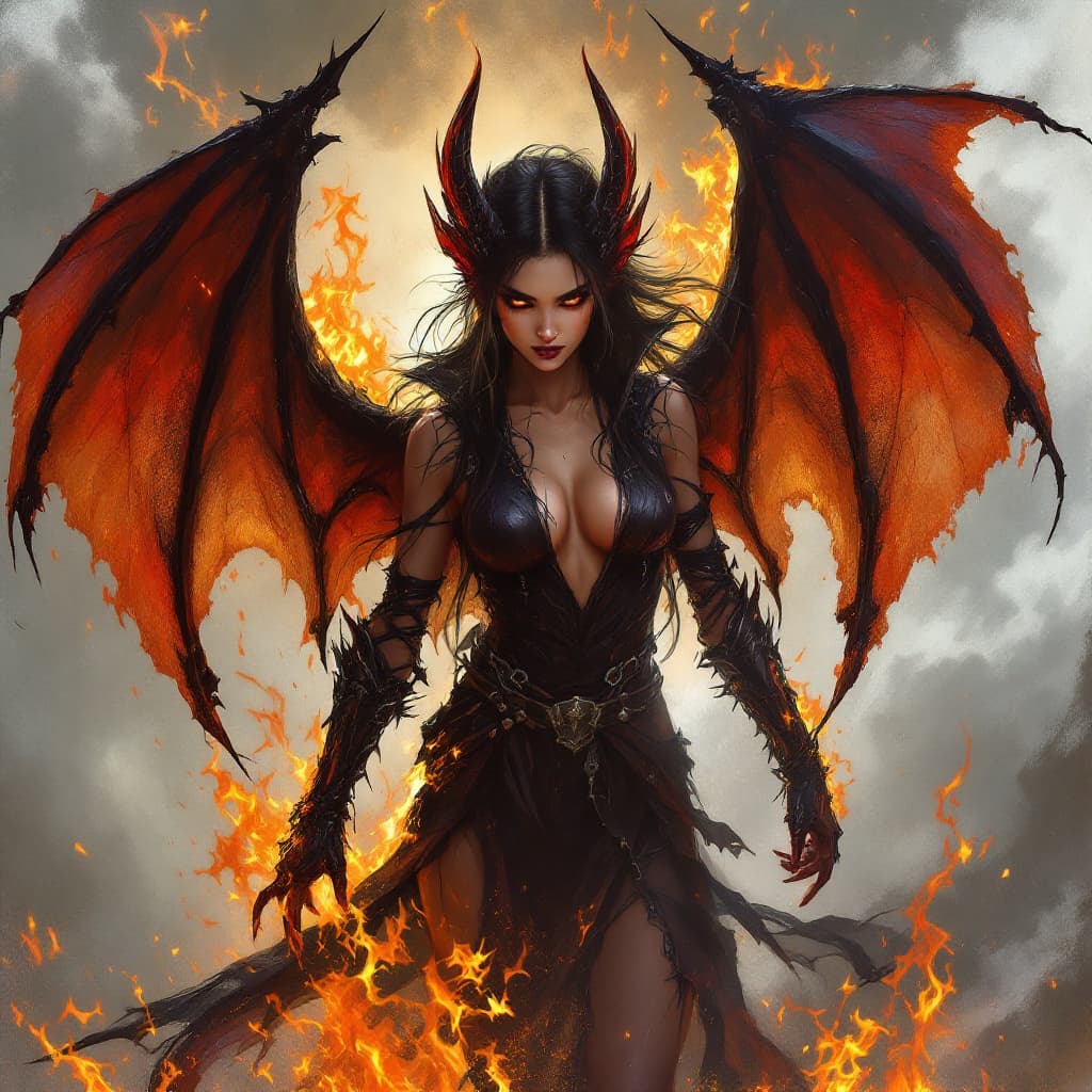 AI generated: beautiful asian with large bat wings and sharp teeth, dark fantasy painting in the style of Magali V...