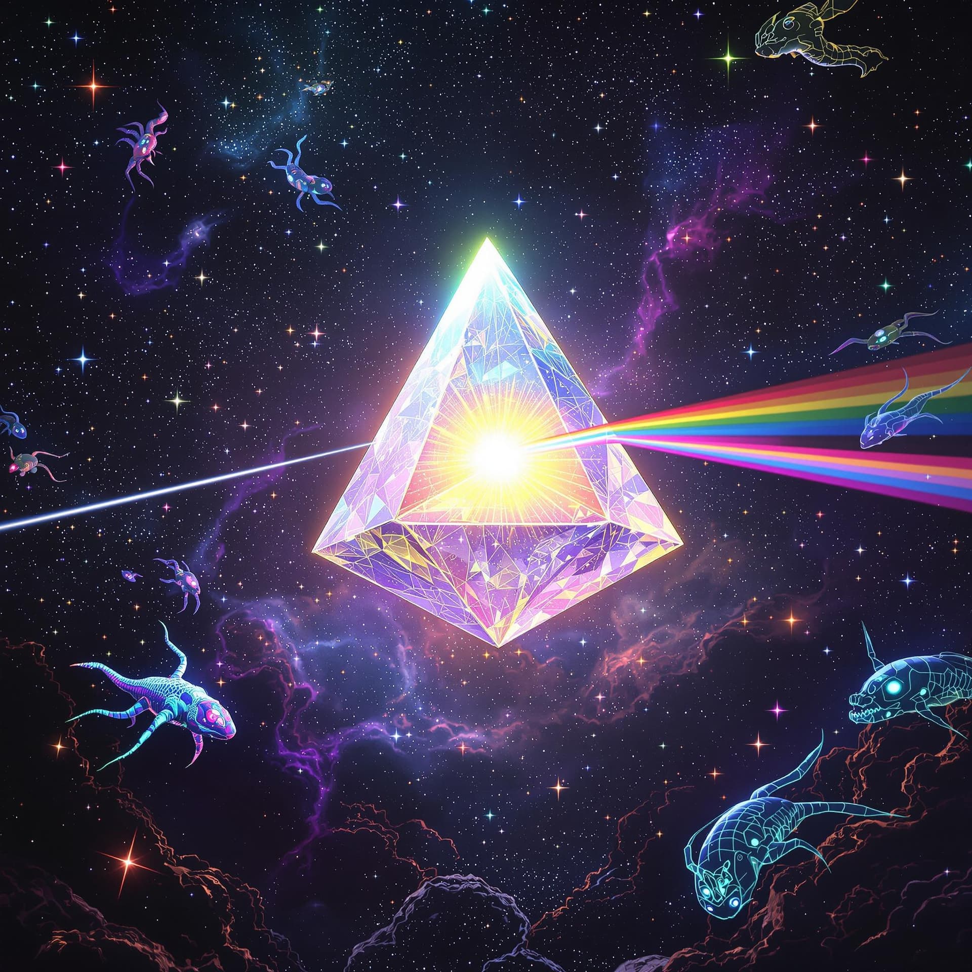 AI generated:  Trippy, psychedelic, and surreal, A giant, clear three-sided prism floating in outer space with whi...