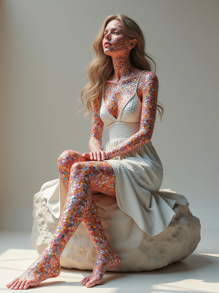 AI generated: A living, sitting full-body woman with a normal, healthy body type and natural curves, seated gracef...
