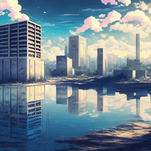 AI generated: Image with anime aesthetics of lanscape in a post apocalypse scenario with building and water reflec...