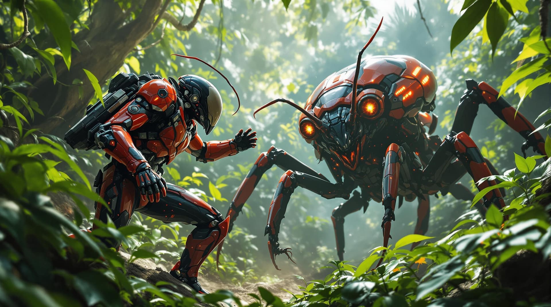AI generated: A photorealistic, high-detail scene of an alien futuristic soldier inspired by a red ant, equipped w...