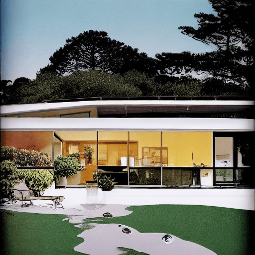 AI generated: Hyper realistic eye level exterior photo of a mid century modern style house overlooking the ocean, ...