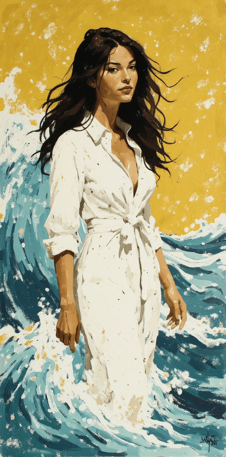 AI generated: a painting of a woman, in the style of brushstroke-intensive portraits, standing on a boat ,ocean wa...