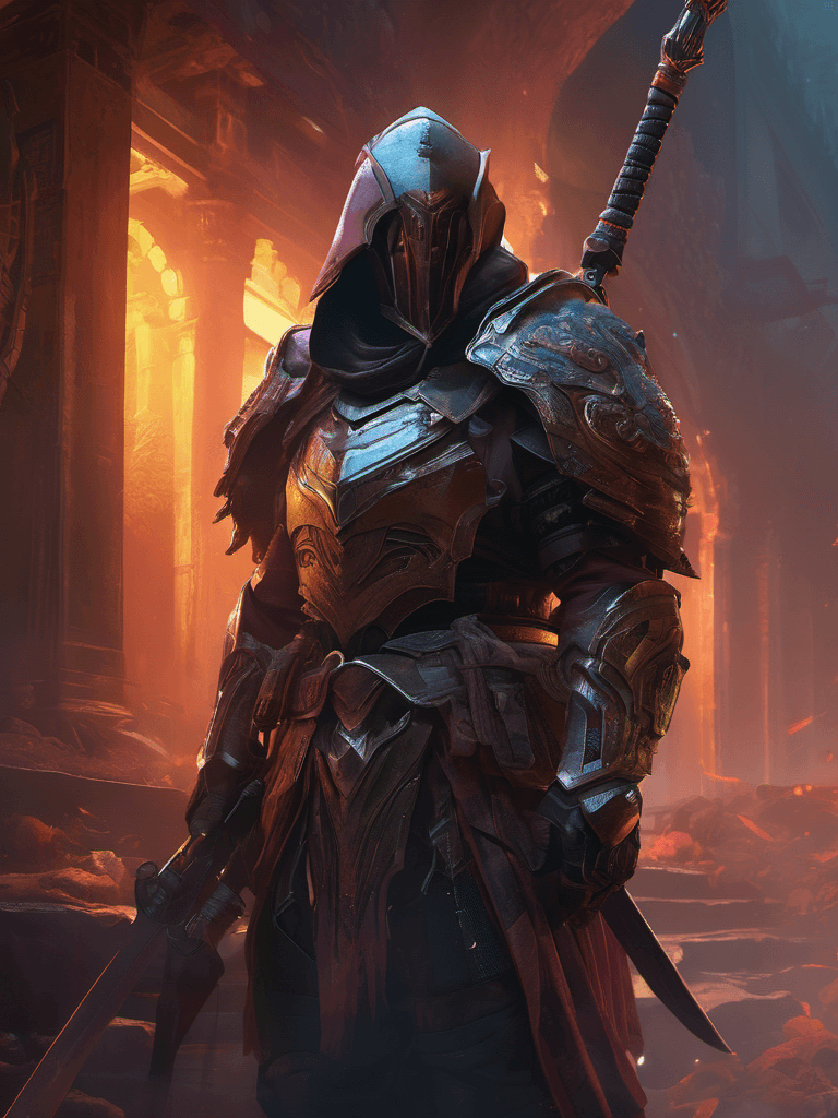 AI generated: A portrait of brutal warrior in void armor, legendary void warrior, ghost, ghost town, extremely bru...