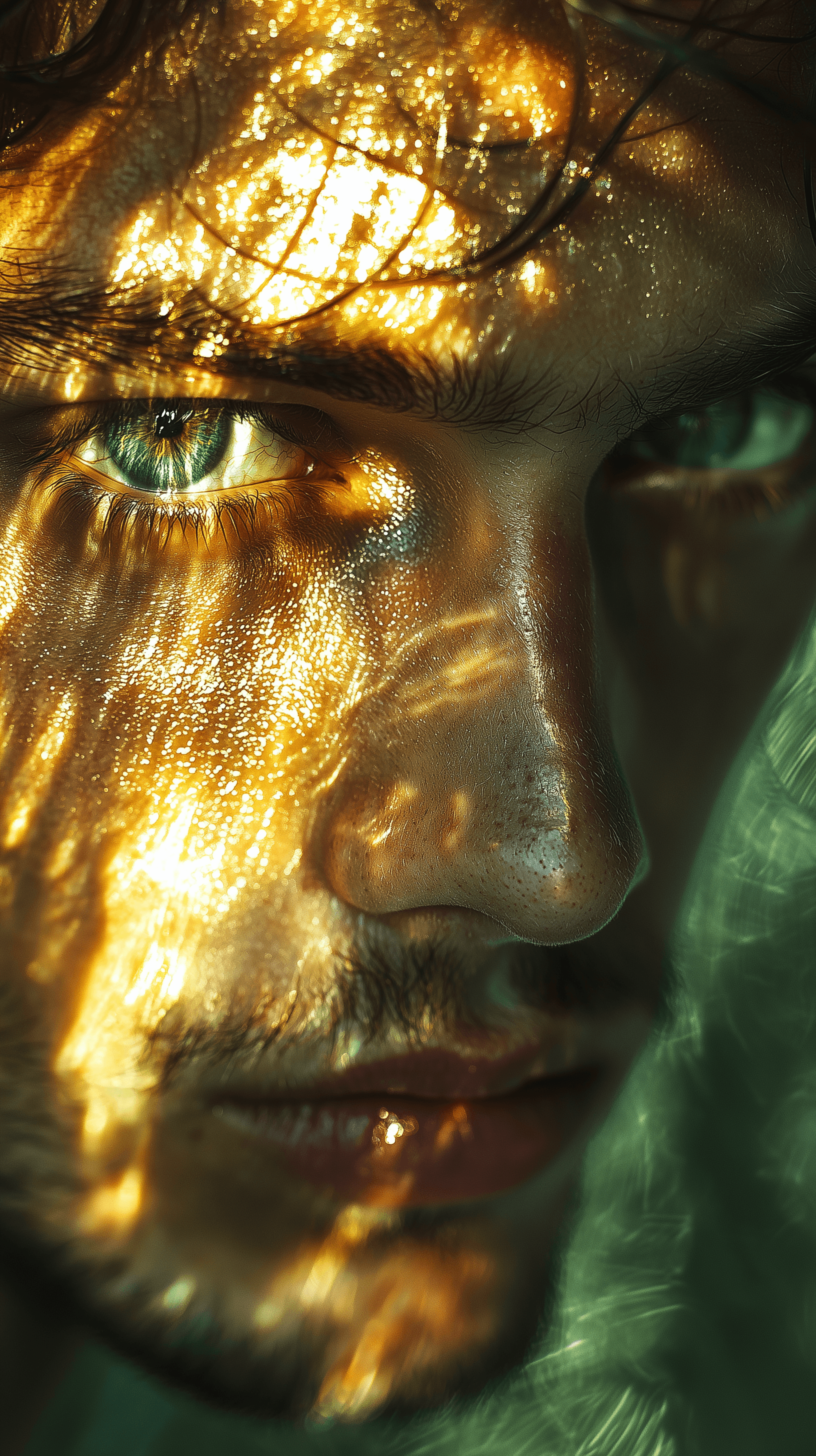 AI generated: photography, dutch angle, emerald green and gold tones, man model, soft focus portrait, profound gaz...