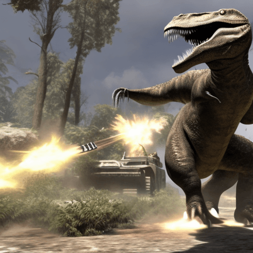 AI generated: a cartoon dinosaur fighting in call of duty warzone