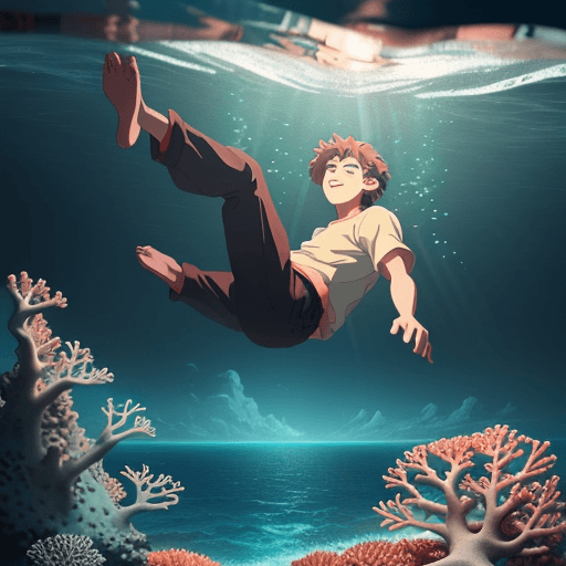 AI generated: make a picture of a young man falling inside the ocean. Background with lights and coral.
Studio Ghi...