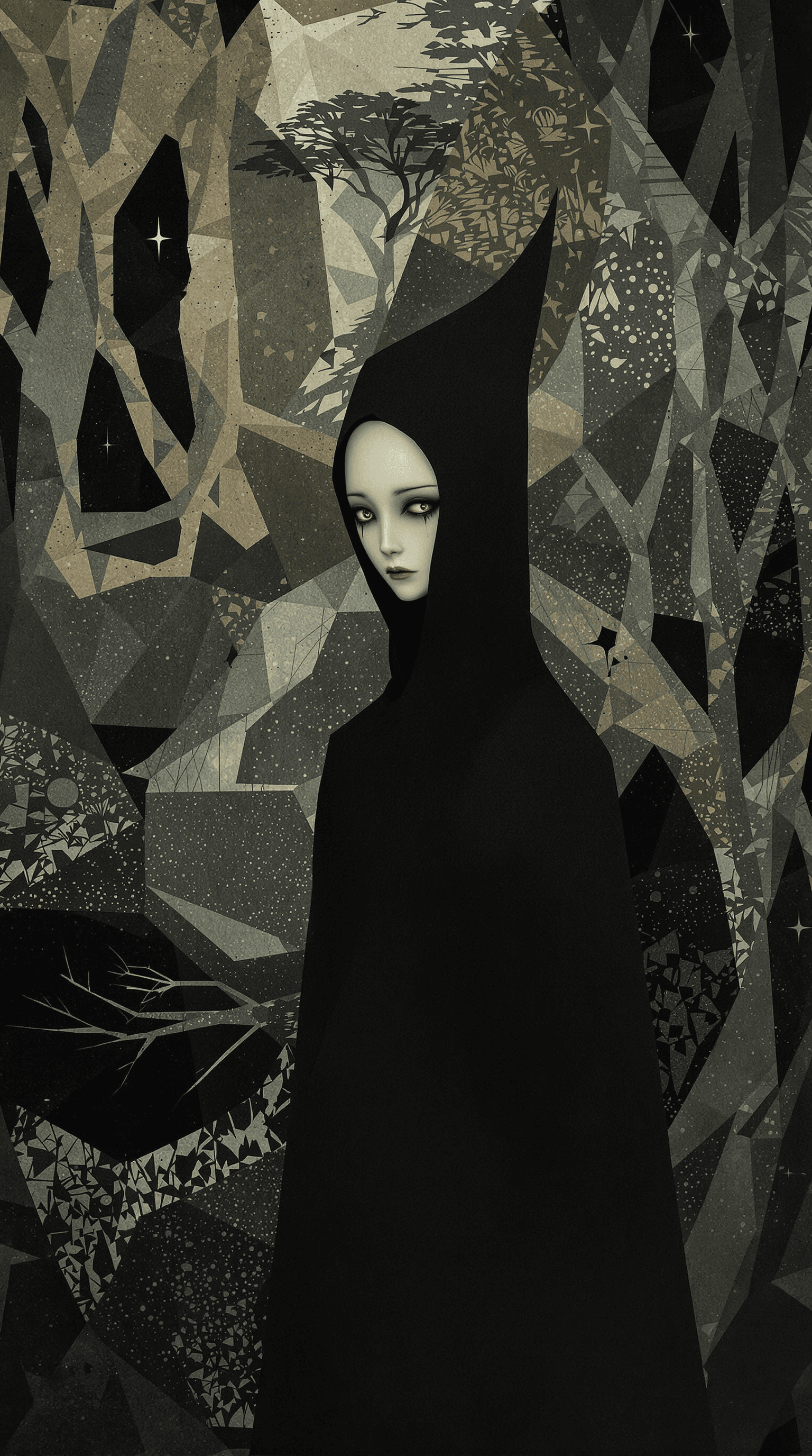 AI generated: A pretty, lonely sentinel with a slender form and hauntingly sad eyes, her face partially hidden beh...