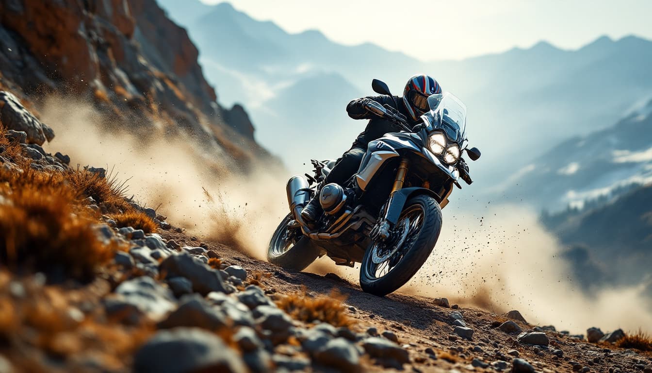 AI generated: T-Shirt Motive, Off-Road BMW GS motorcycle ride, no background. realistic lighting, wide-angle persp...