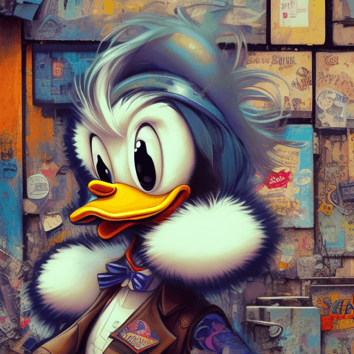 AI generated: Portrait of a Donald Duck, character design, photorealism, detailed hair, punk art, acid punk, clutt...