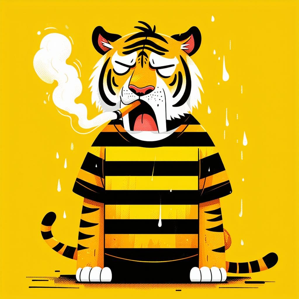 AI generated: sad tiger smoking and crying with a t-shirt that have 3 horizontal stripes: yellow, black and white