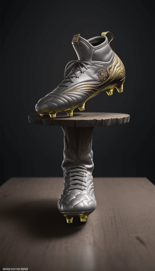 AI generated: Football boots on the table with the design and character of groot The football boots is gold and gr...