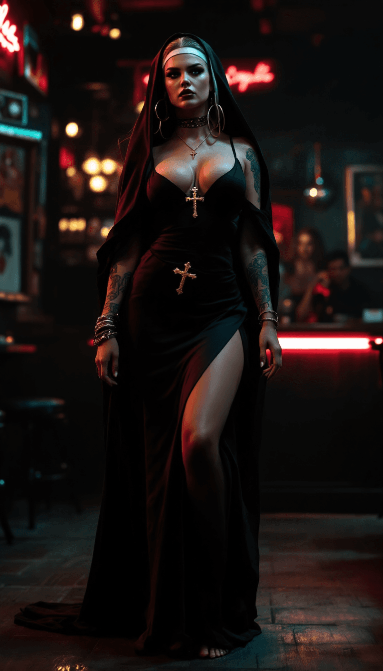 AI generated: Full body view of kate upton. She wears traditional nun attire with a bordeaux veil, her hands adorn...