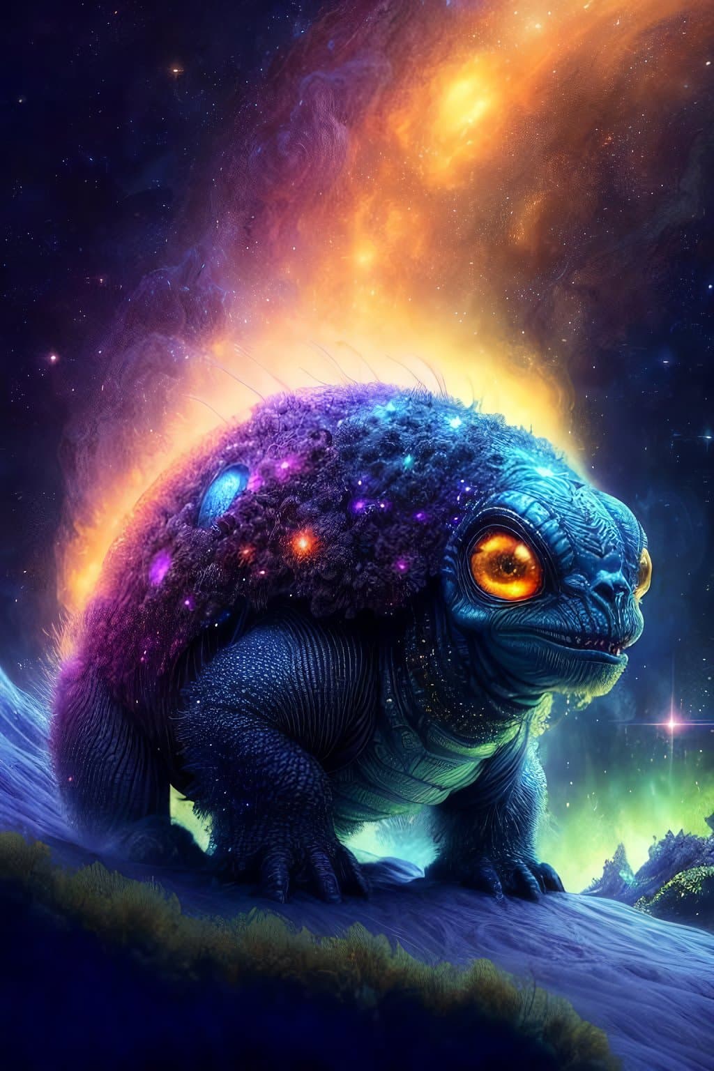 AI generated: creature out of other dimention, galaxy background with little color, behaving like a god, not obser...