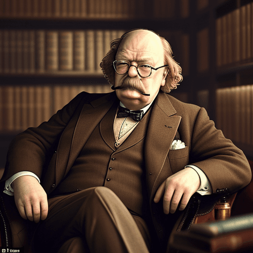 AI generated: A distinguished brown labradoodle, sat in a three piece suit, looking like winston Churchill. He is ...