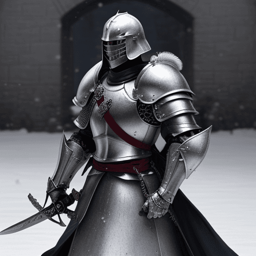 AI generated: Ryan Gosling A white male muscular armored Knight  in the snowy castle walls . He has a special plat...