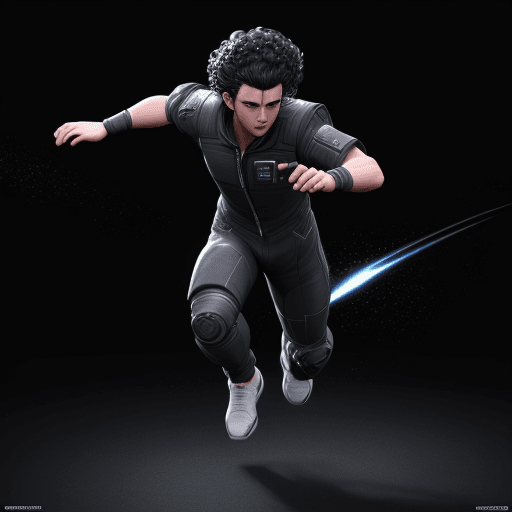 AI generated: 3d game character, virtual space, sharp image, black background, curly hair male, white skin, runnin...