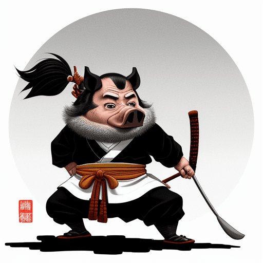 AI generated: artwork by Stan Sakai, anthropomorphic wild pig, samurai, black and white
