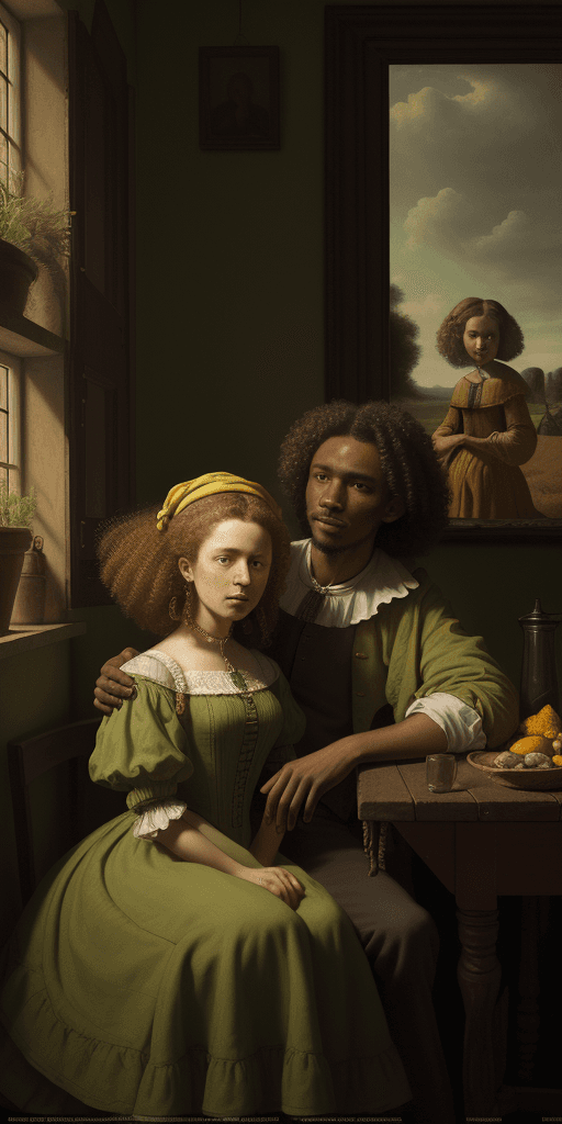 AI generated: Portrait of a Dutch man with his arm around an african curly haired woman, in the style of dutch rea...