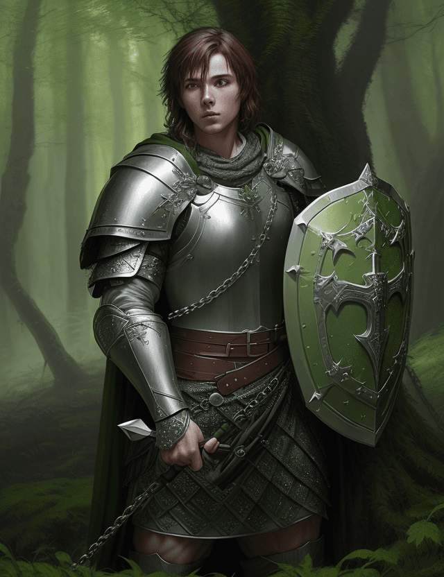 AI generated: young male cleric in chain mail, with shield and war hammer, in a green forrest, by Greg Rutkowski, ...