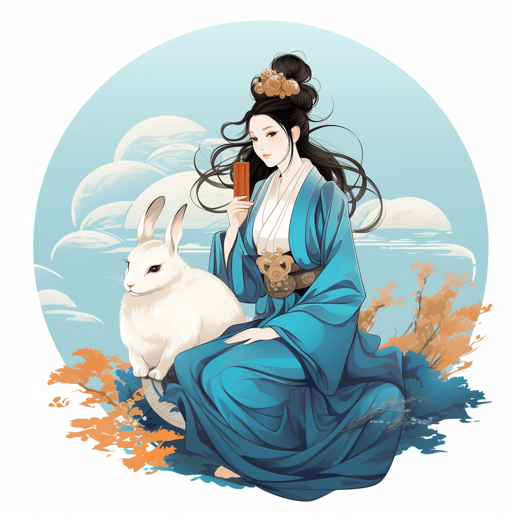AI generated: Chang'e and Jade Rabbit at Mid-Autumn Festival, white background, Hokusai art style