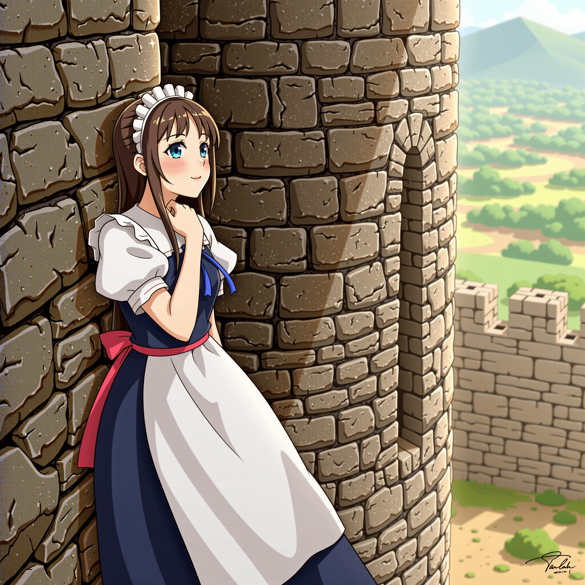 AI generated: A beautiful medieval girl leaning against a weathered castle wall, dressed in simple yet elegant mai...