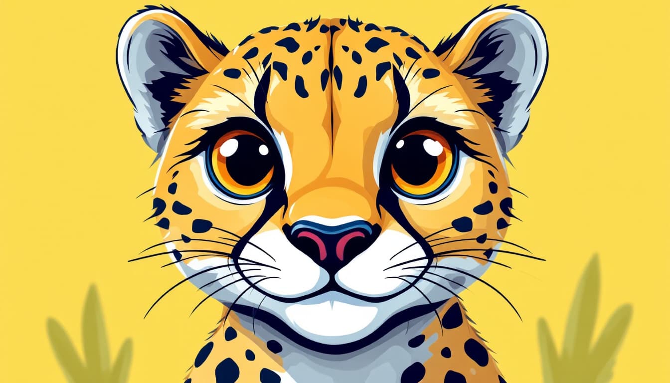 AI generated: illustration, vector cartoon-style, cute cheetah's face, zoom in, expressive eyes and a playful deme...