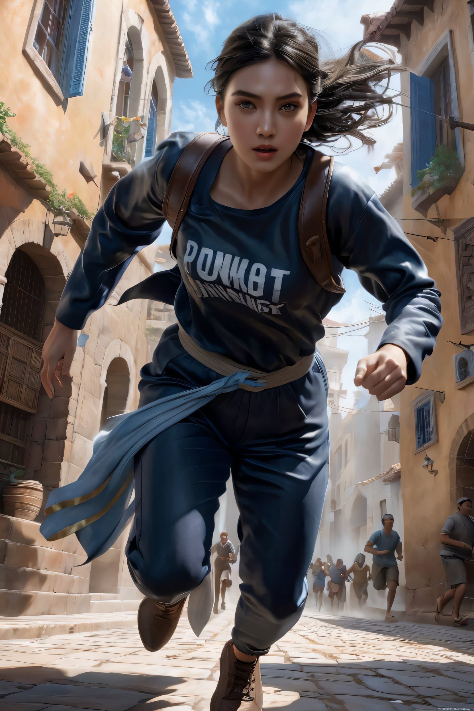 AI generated: dramatic angle of character running away, a detailed painting, cgsociety, fantasy art, detailed pain...