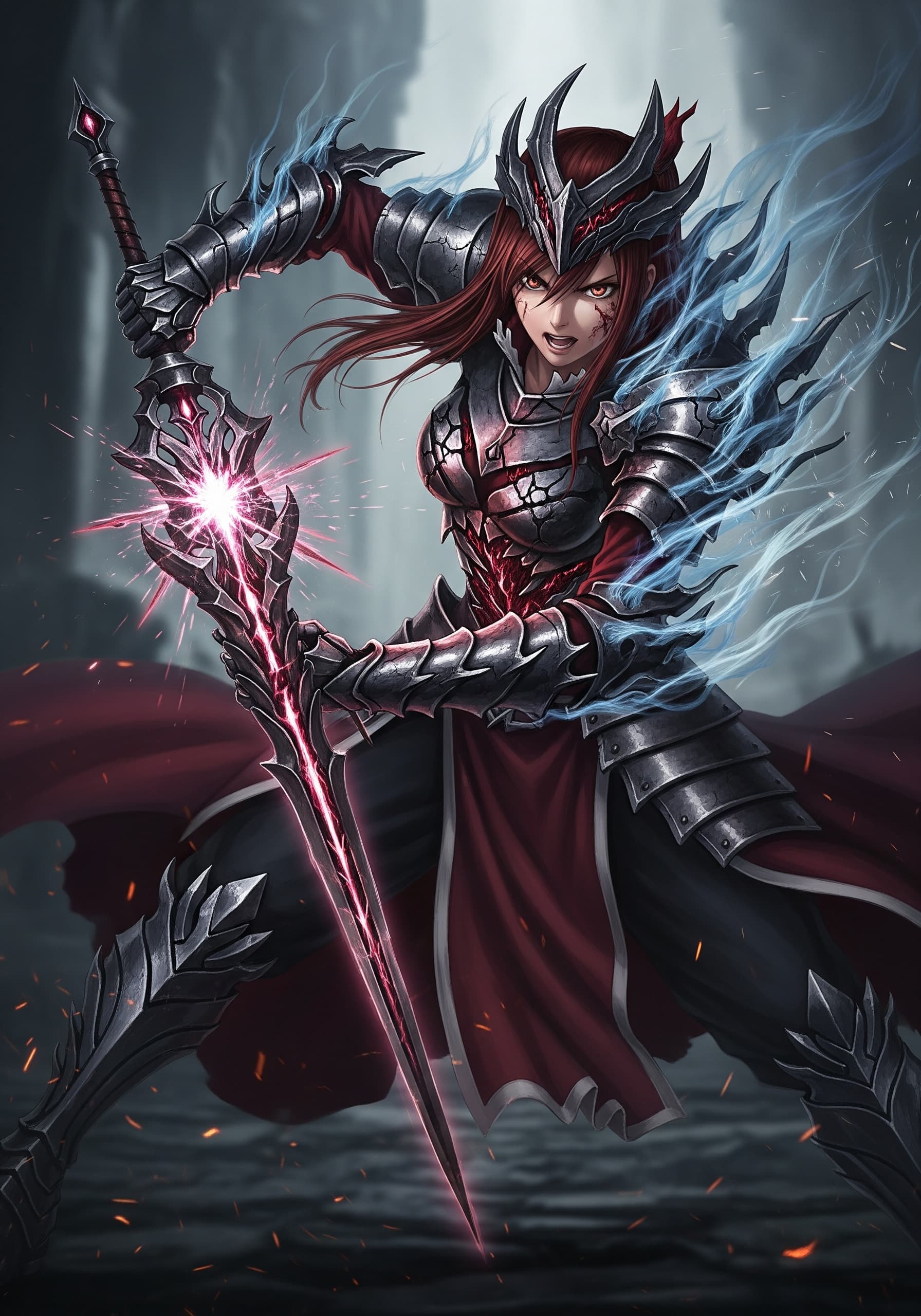 AI generated: A photorealistic, dramatic dark fantasy image of Erza Scarlet reimagined as 'The Shardbinder.' She i...