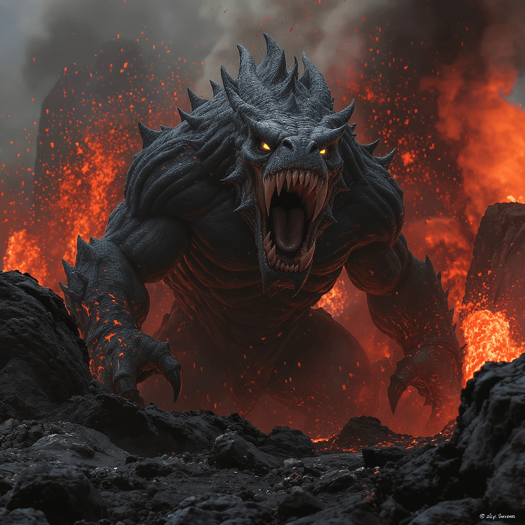 AI generated: "A massive Cyclops roaring from behind volcanic rocks"