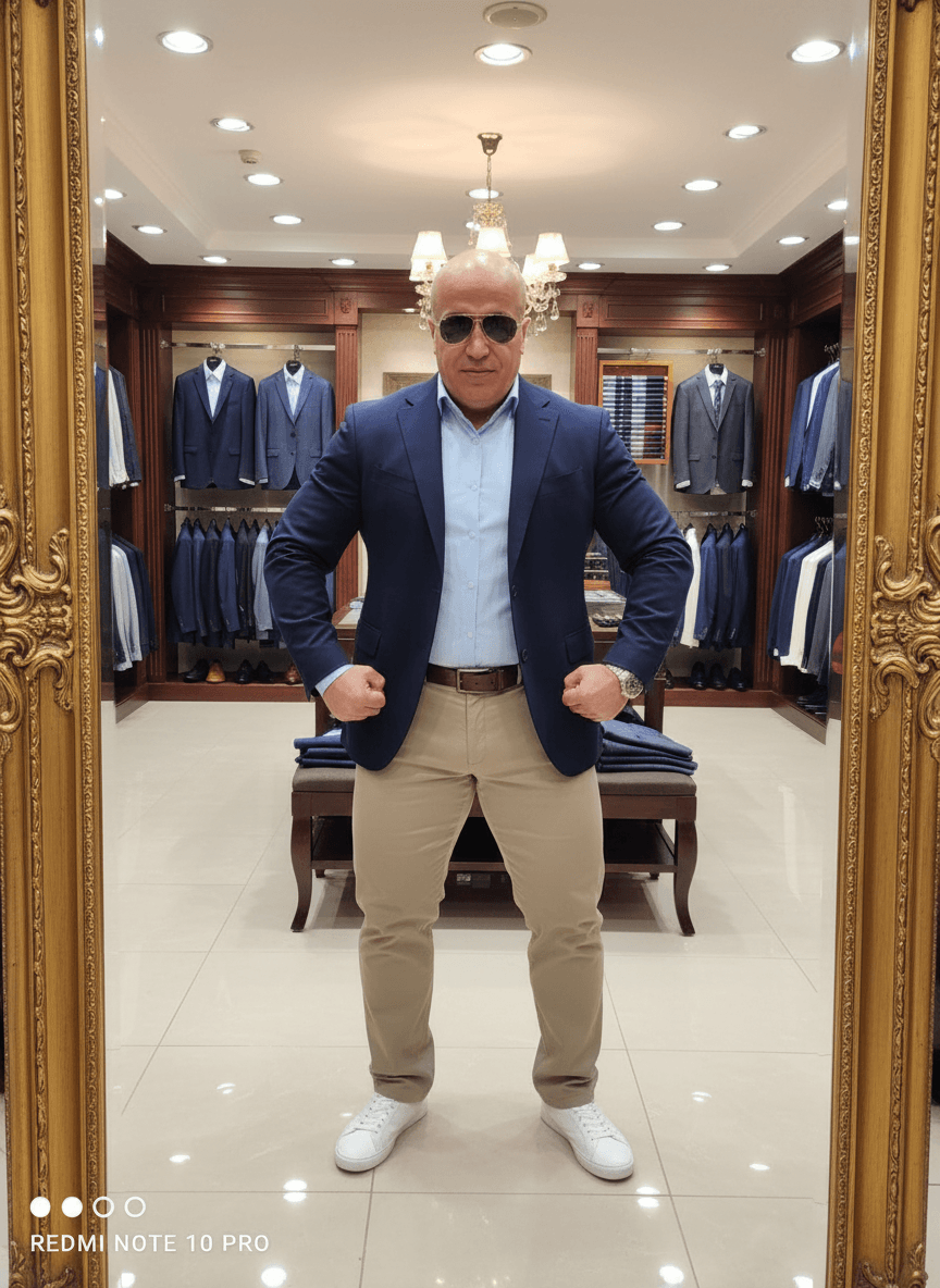AI generated: At a very luxurious men's clothing store, the bodybuilder is white male, 6 feet 4 inches tall, he ha...