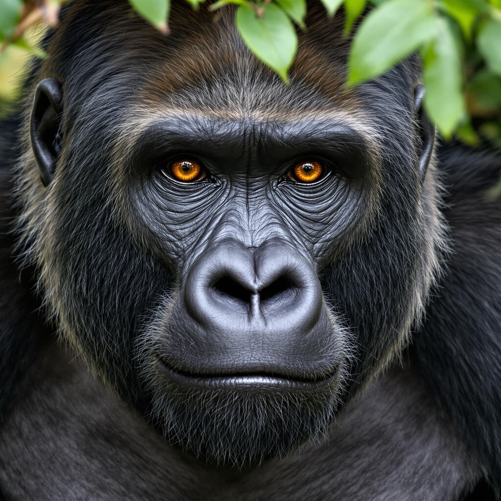 AI generated: The image is a close-up portrait of a gorilla, showcasing the animal's distinct features with a high...