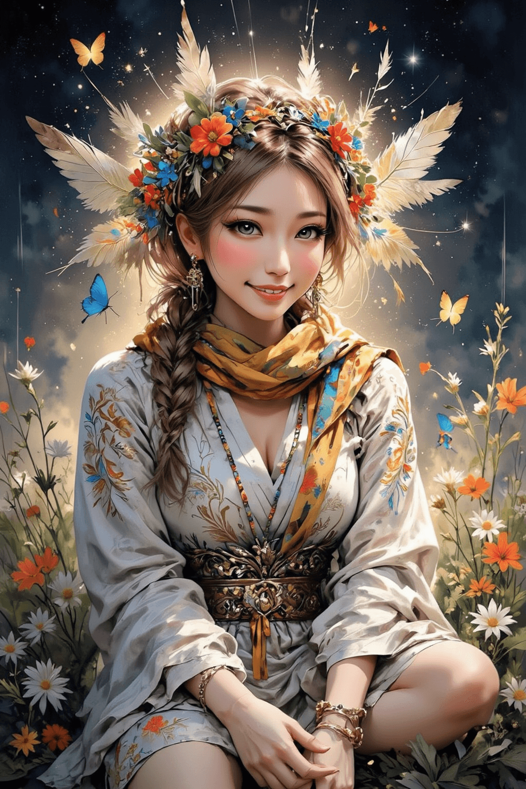 AI generated: Masterpiece, stunning illustration, detailed, top quality, lnatural colored embroidered dress, motif...