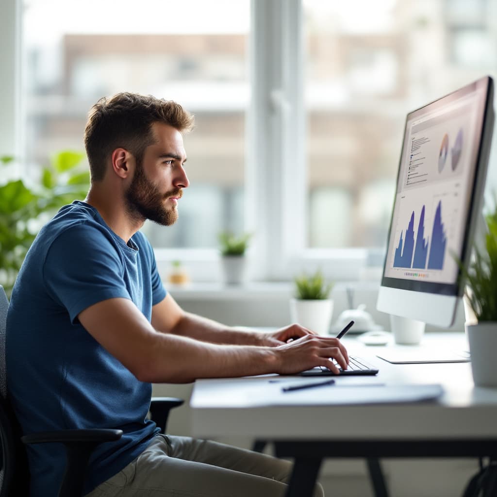 AI generated: minimalist workspace, focused design engineer at a white desk, high resolution photograph, used came...